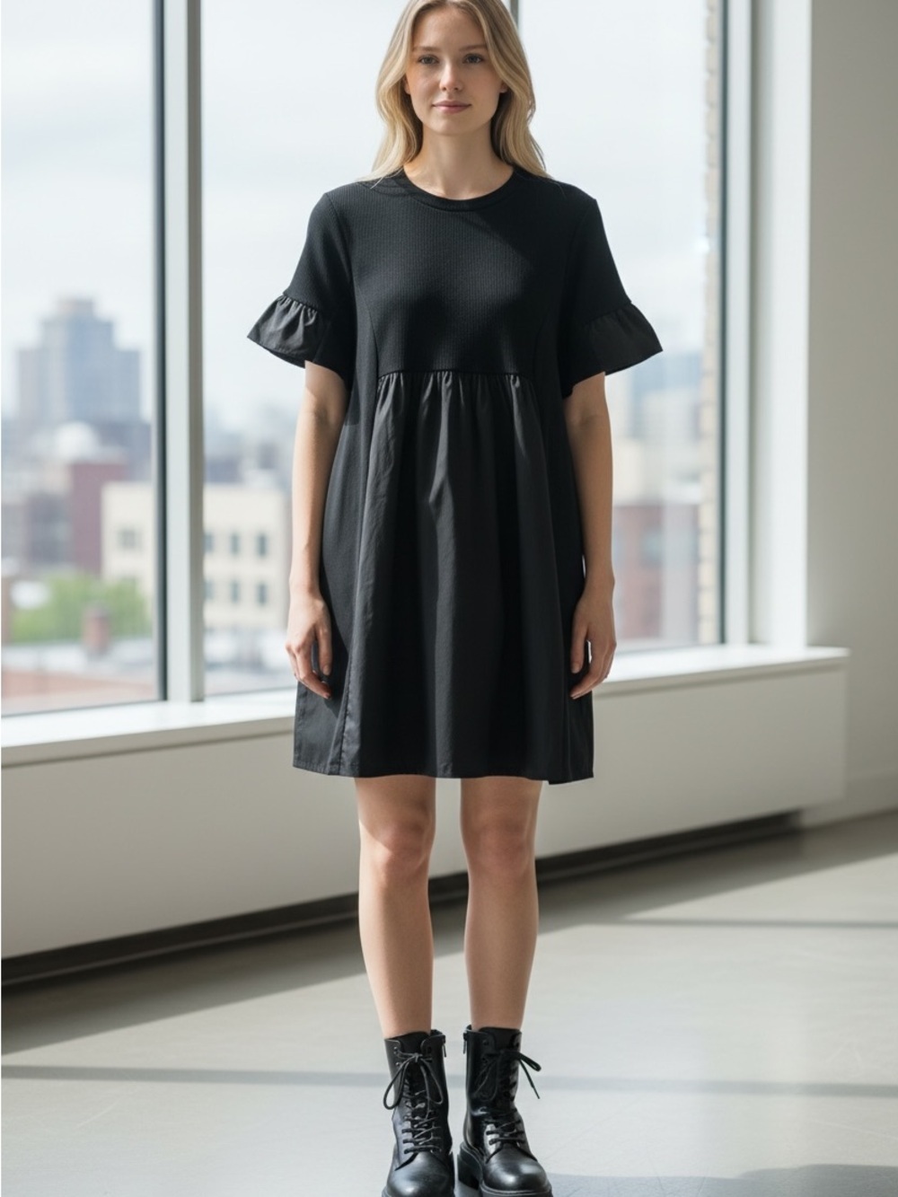 2.7 August Apparel Black Mixed Media Babydoll Dress Puff Sleeve Size S